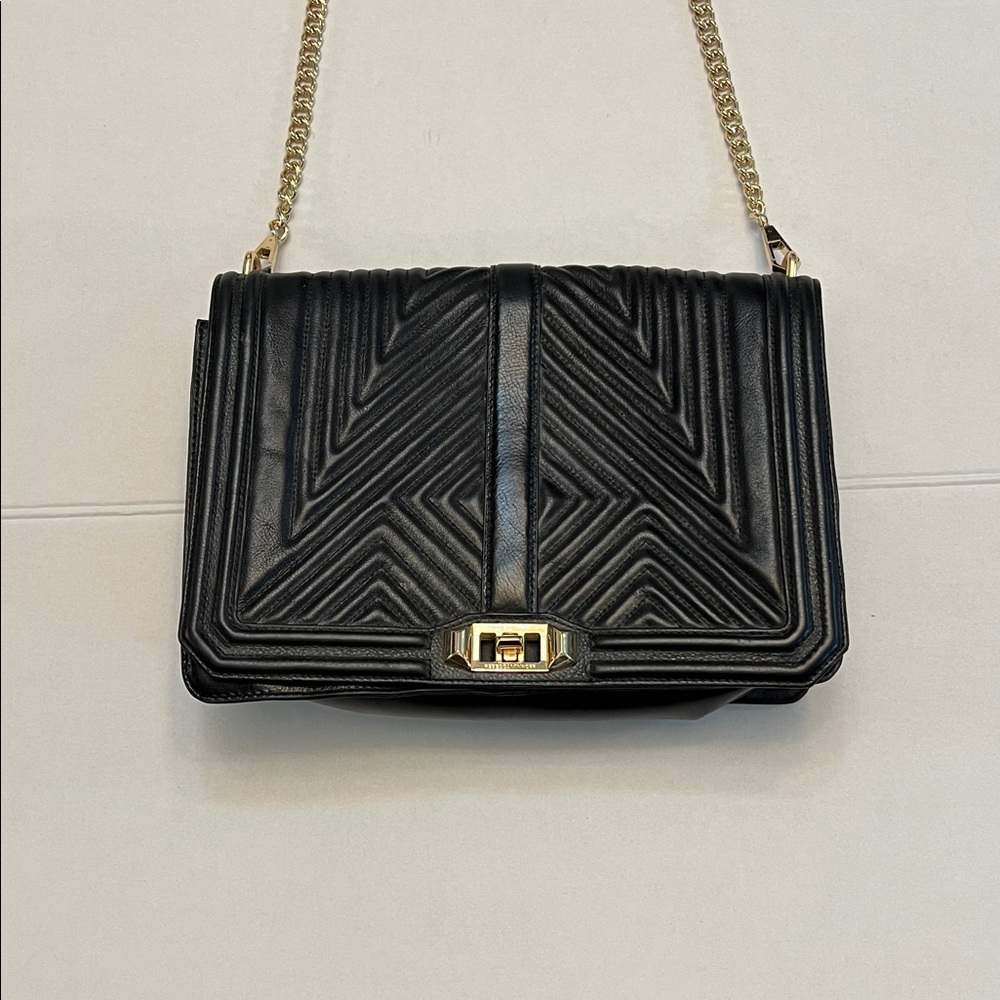 REBECCA MINKOFF JUMBO CHEVRON QUILTED LOVE CROSSBODY BAG BLACK & GOLD
